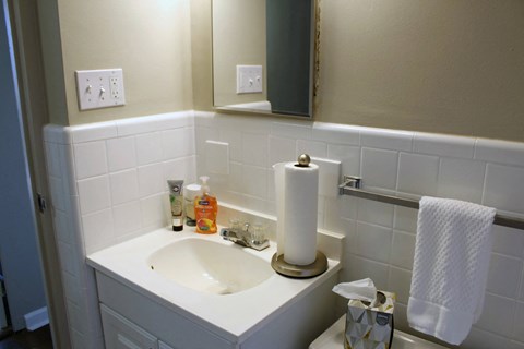 a small bathroom with a roll of toilet paper on the sink