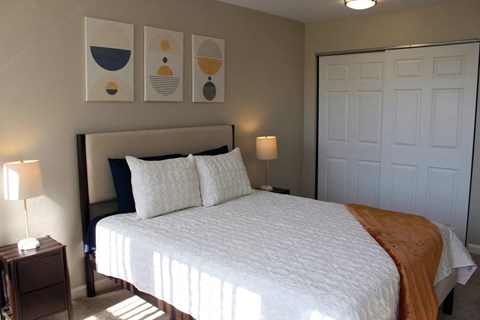 a bedroom with a large bed and a closet