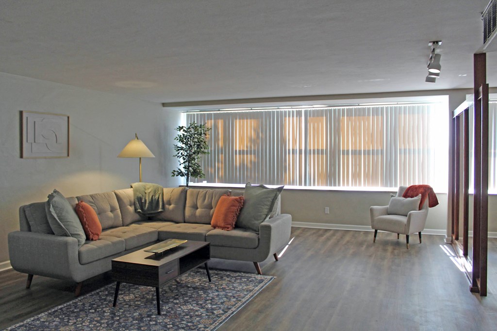 a living room with a couch and a chair and a window