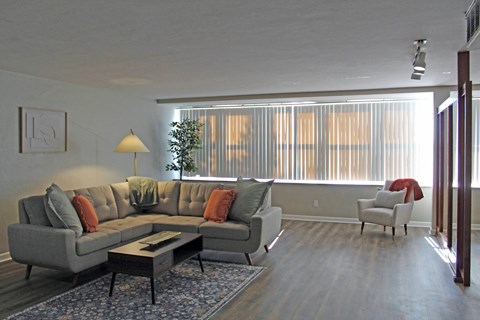 a living room with a couch and a chair and a window