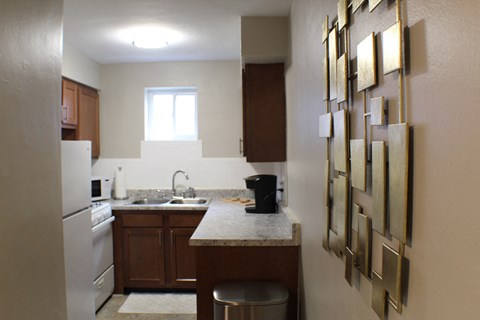 a small kitchen with a counter and a sink and a refrigerator