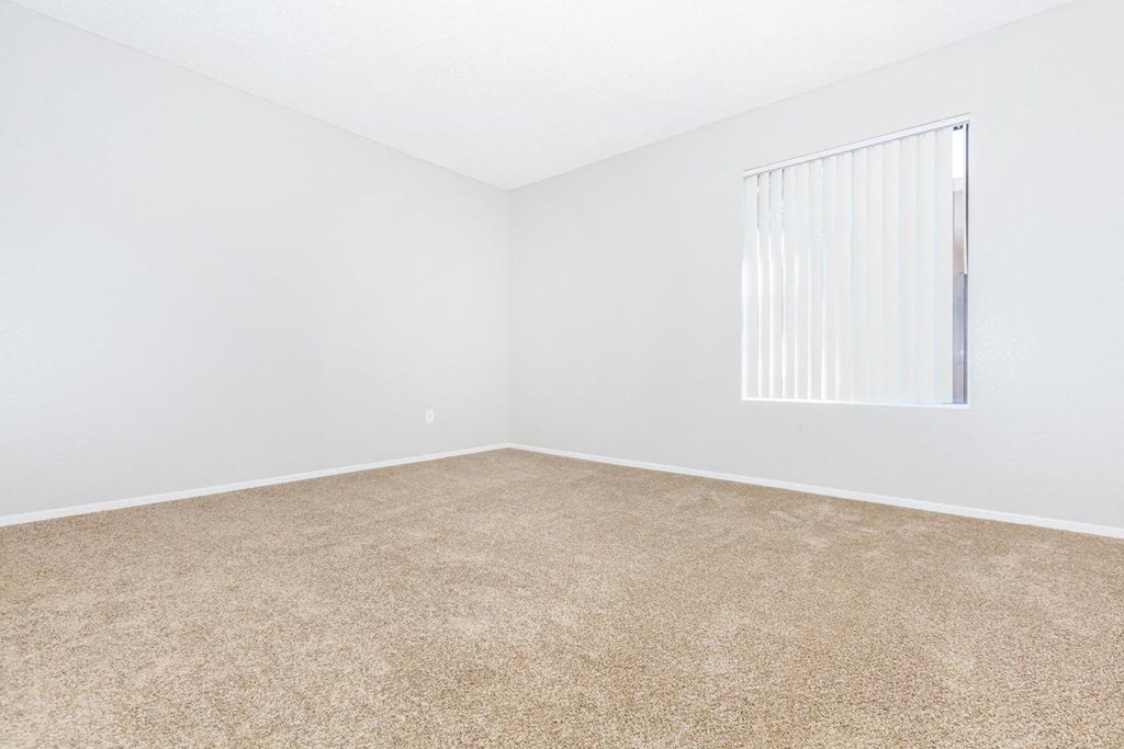 an empty room with a window and carpet
