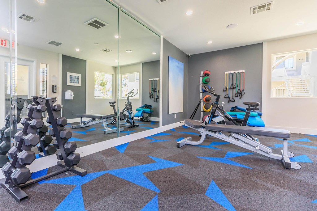 a gym with weights and mirrors at the district flats apartments in lenexa