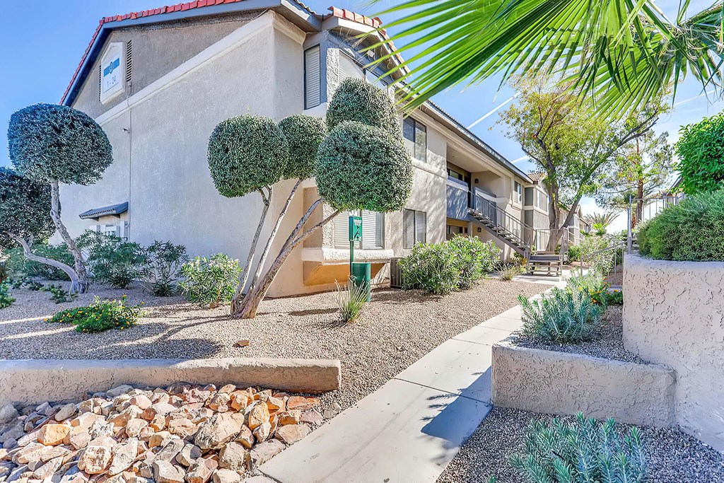 the front yard of a house with plants and a sidewalk