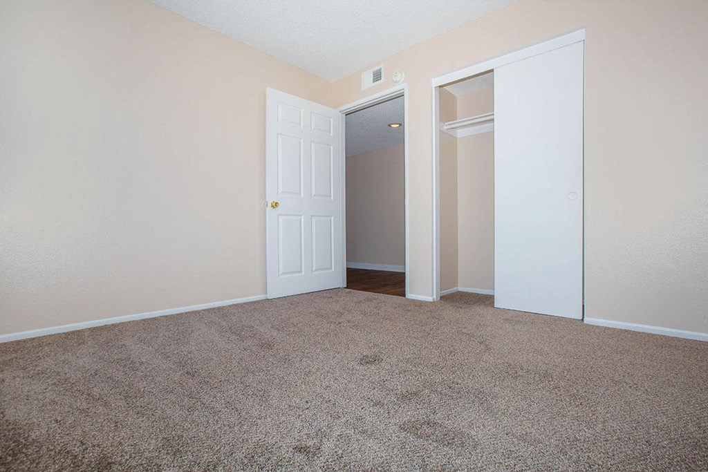 a bedroom with a carpeted floor and a closet
