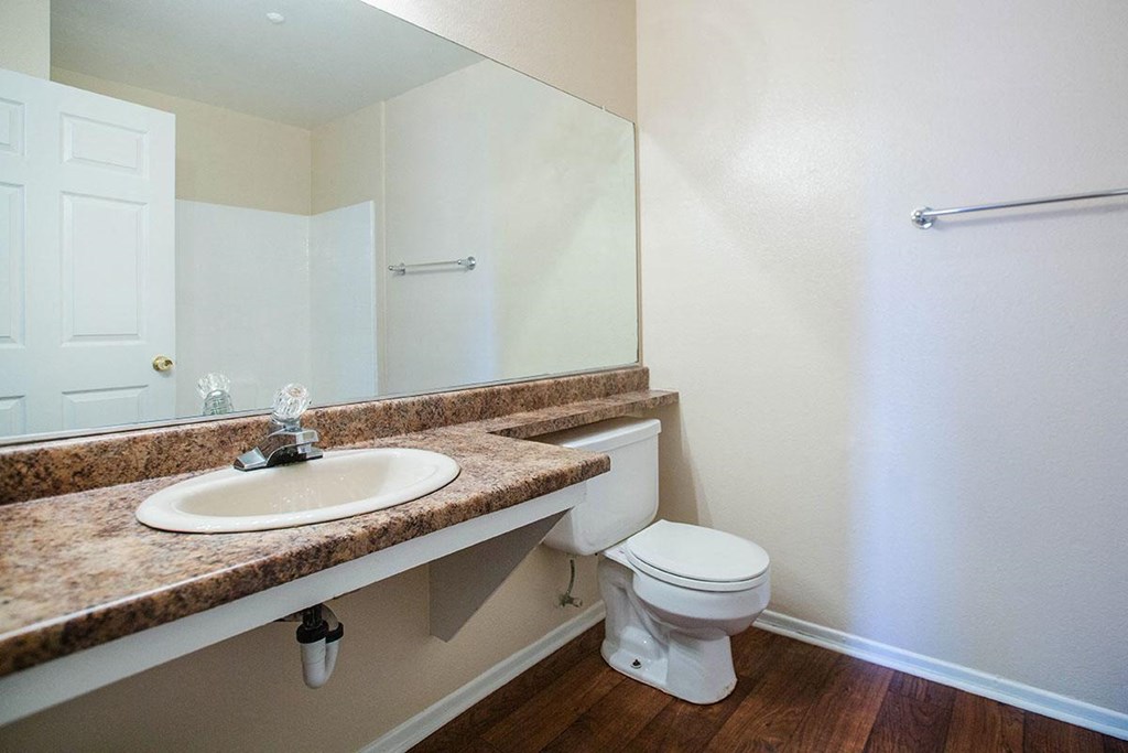 a bathroom with a sink toilet and a mirror