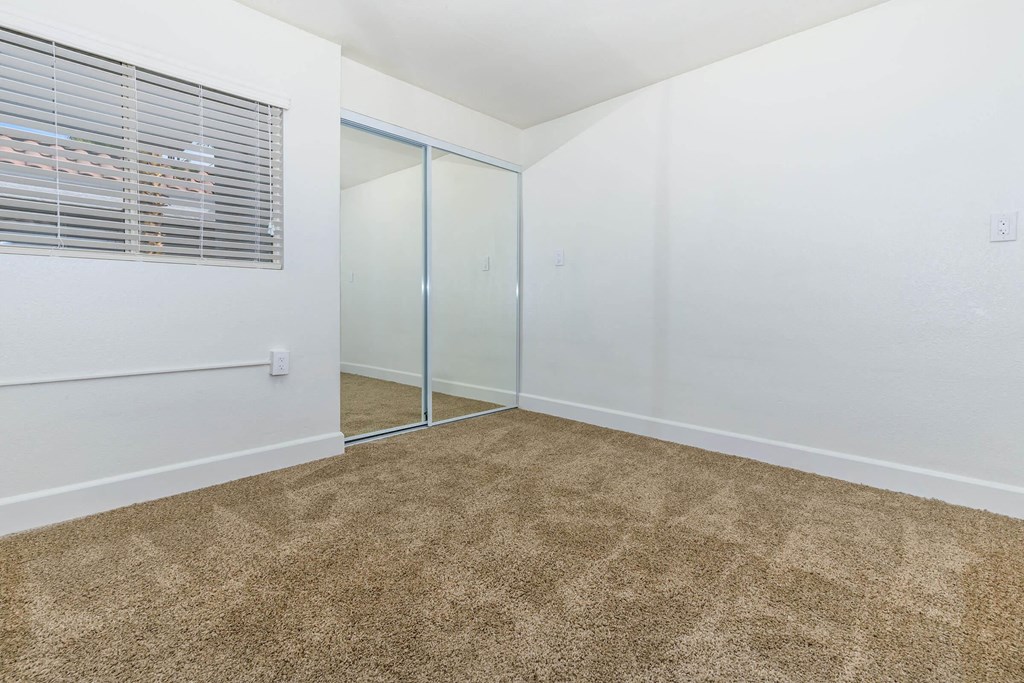 a bedroom with a mirrored closet and a carpeted floor