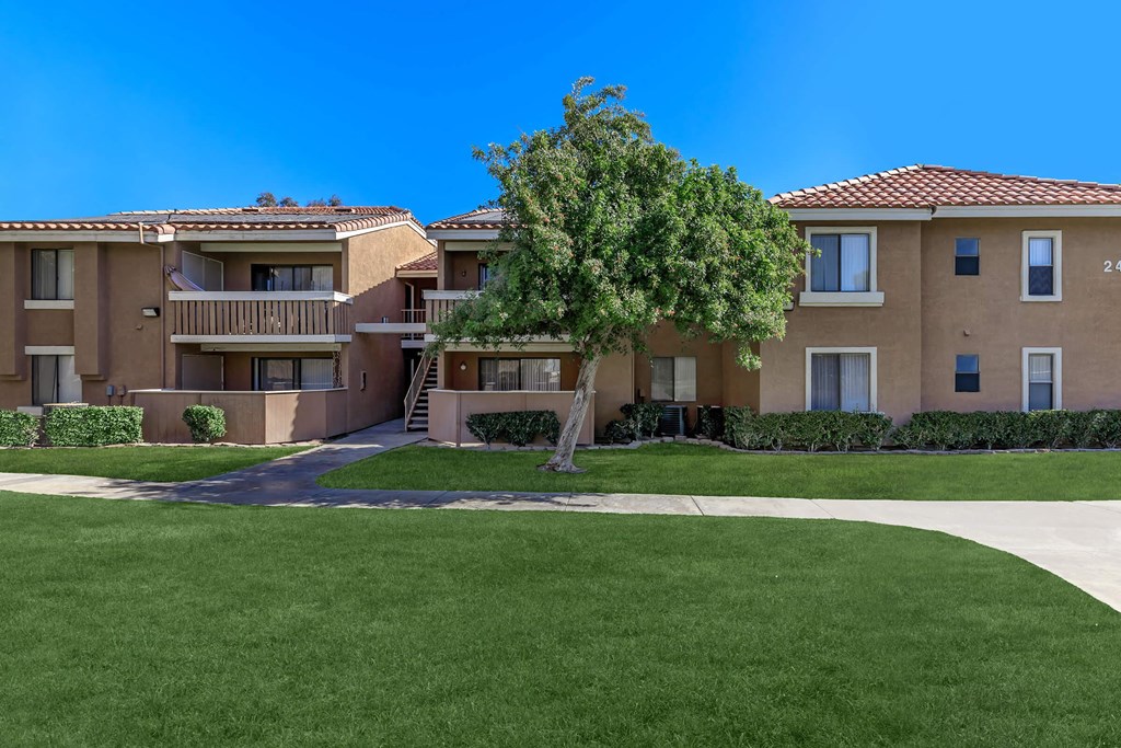 an apartment building with green grass and a tree in front of it