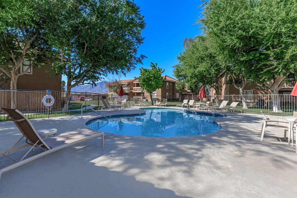 our apartments have a resort style pool with chairs and trees