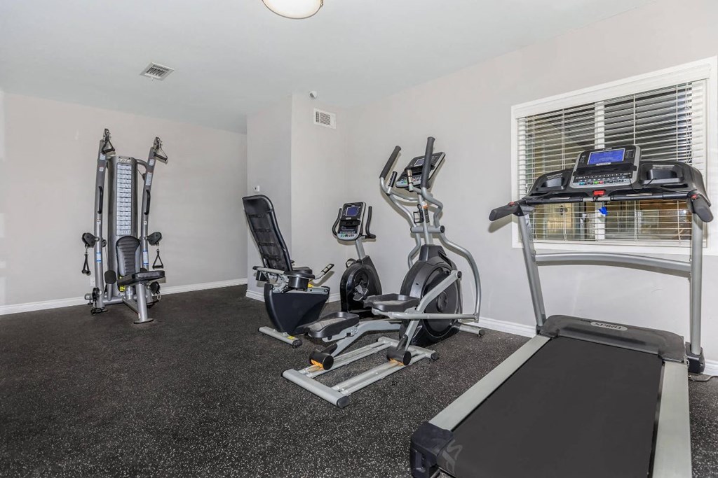 A well-equipped home gym with a treadmill, stationary bike, and weight machine.