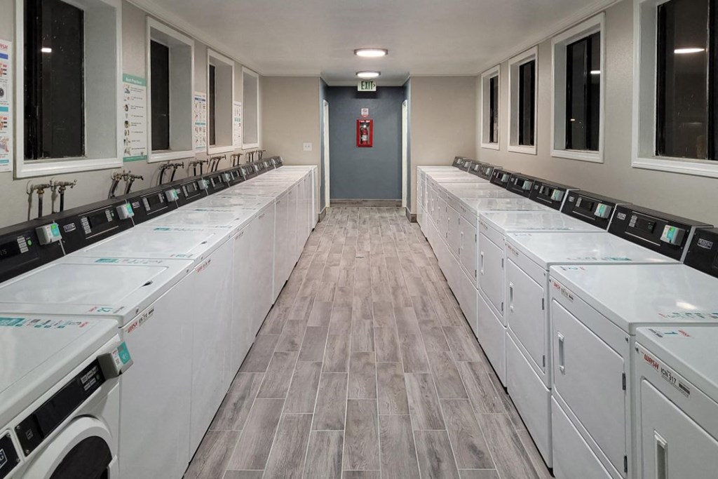 a laundry room with washers and dryers and a row of washing machines