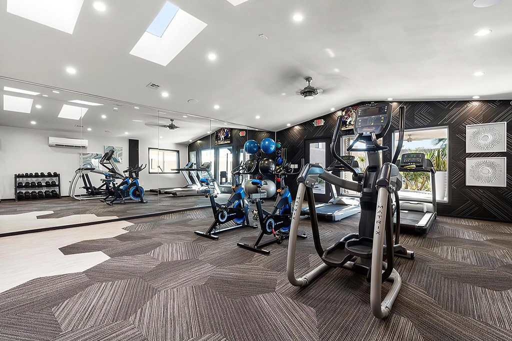 a gym with weights and exercise equipment in a room with windows
