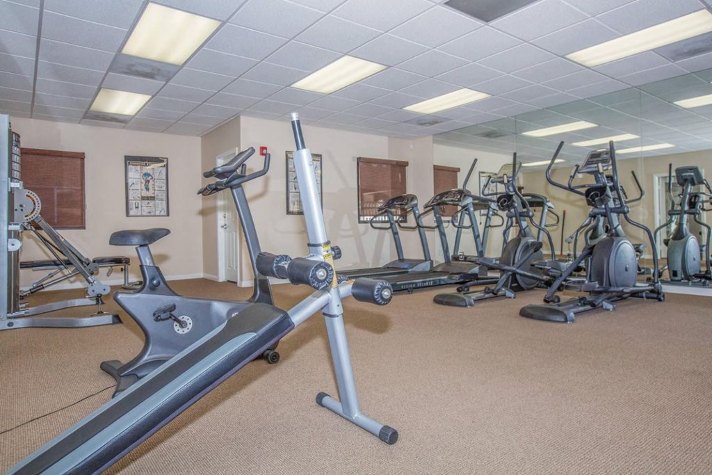A gym with a variety of exercise equipment including treadmills, stationary bikes, and weight machines.