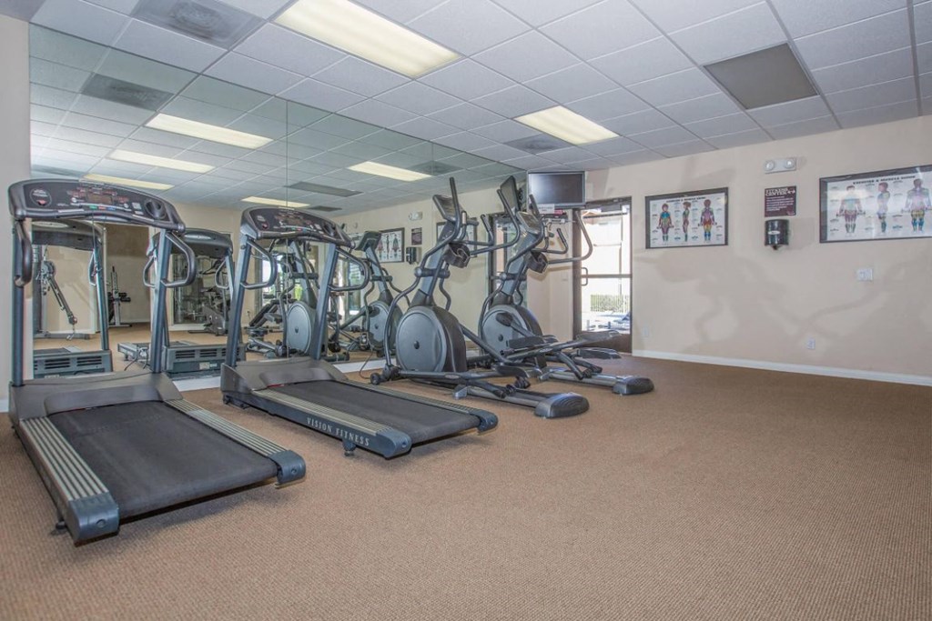 A gym with treadmills, elliptical machines, and other exercise equipment.