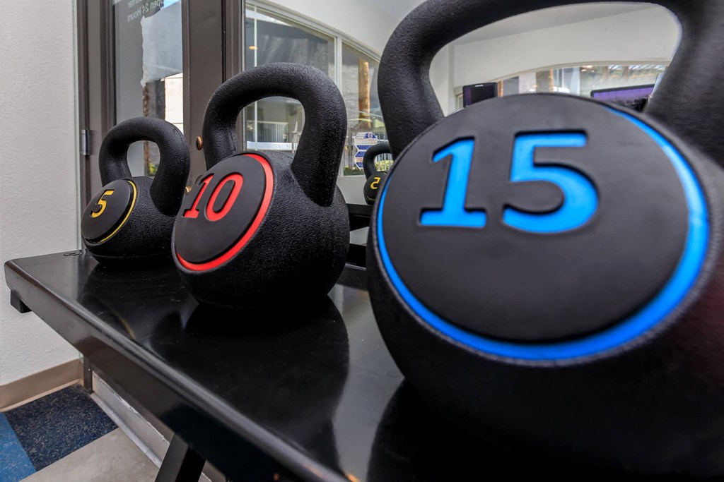 a pair of kettlebell weights on a rack at a gym