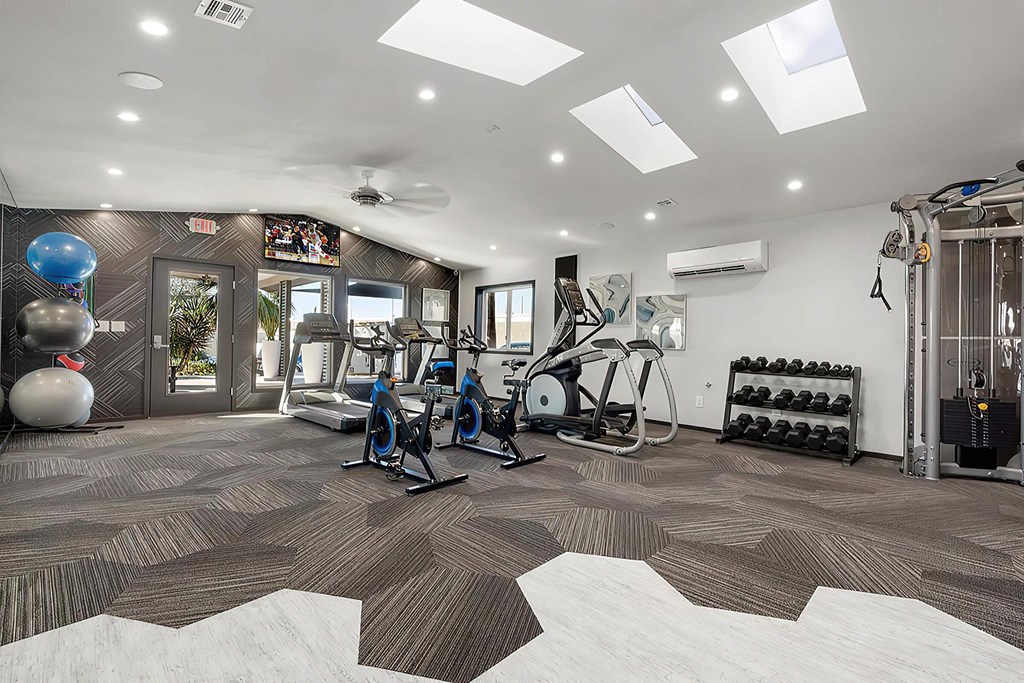 a home gym with weights and cardio equipment on a geometric floor
