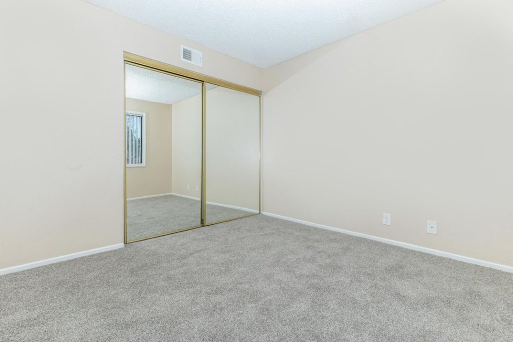 an empty living room with a mirrored closet door