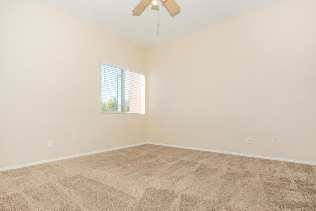 A room with a ceiling fan and carpeted floor.