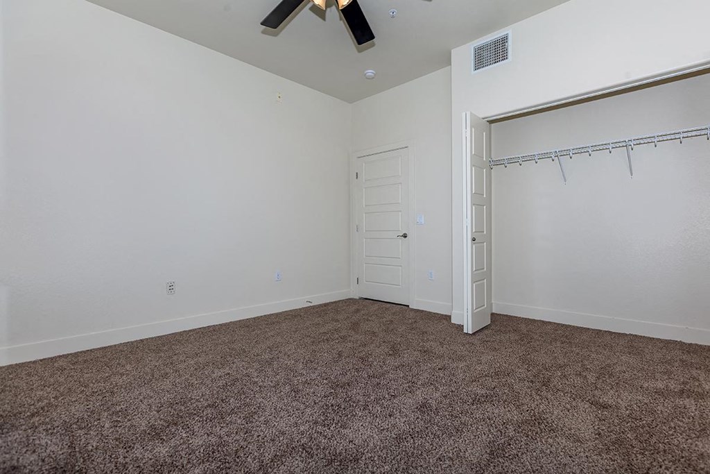 a bedroom with a closet and a ceiling fan