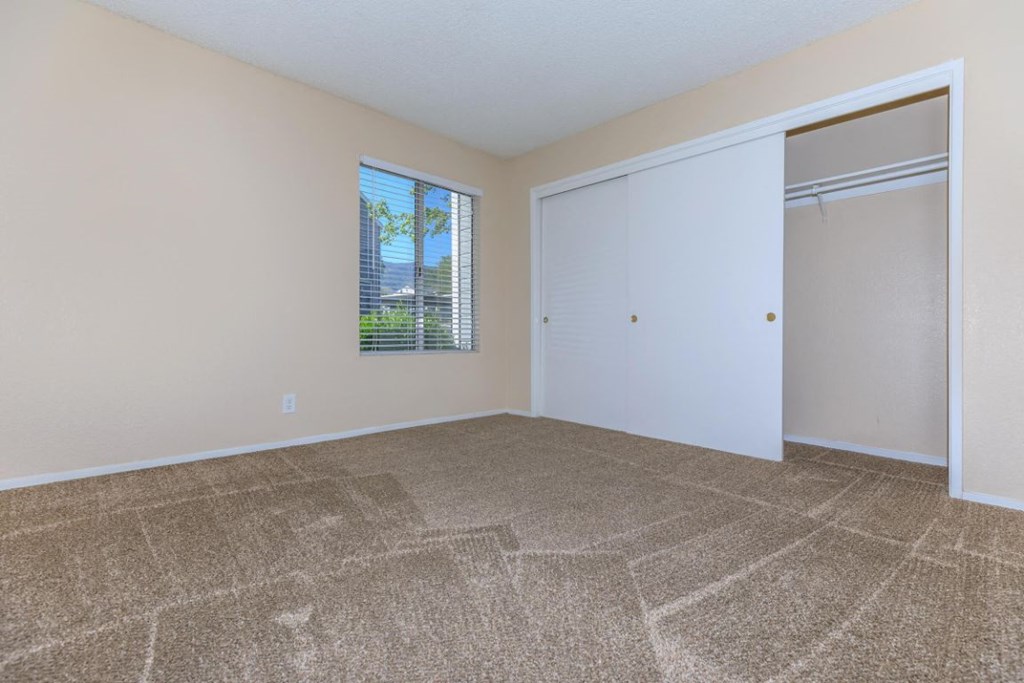 an empty living room with carpet and a door to a closet