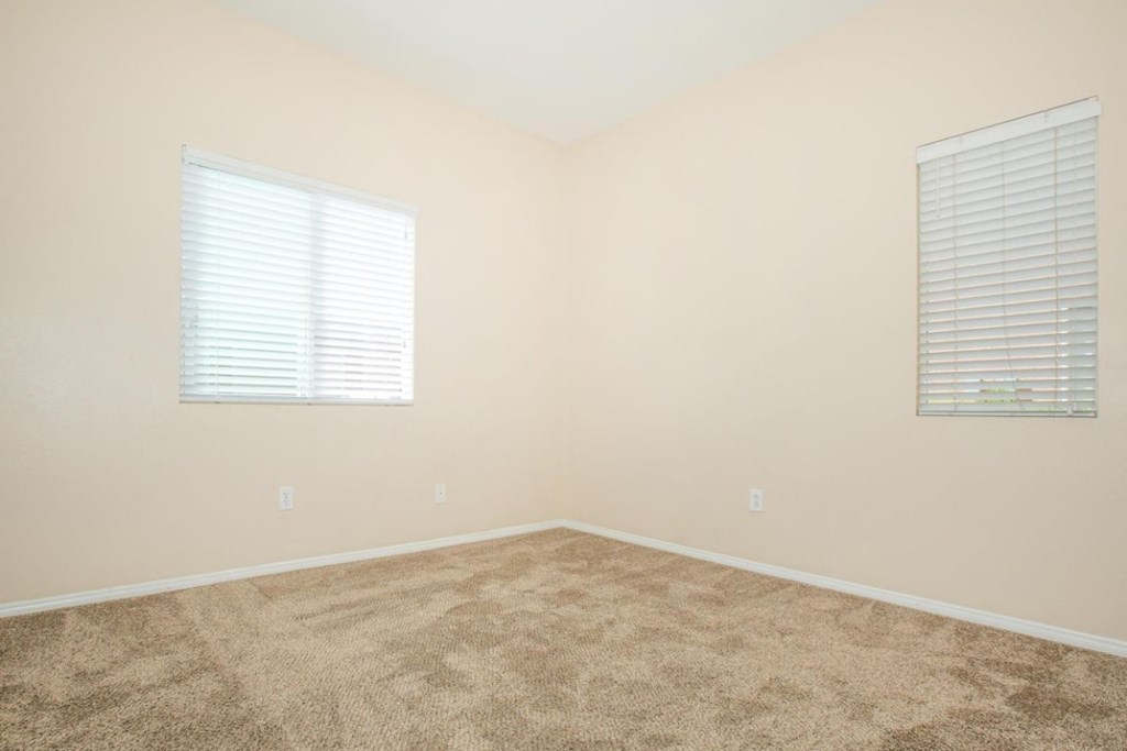 A room with carpeted floor and two windows with blinds.