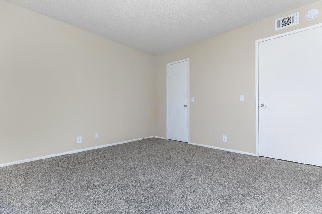 A room with a carpeted floor and two white doors.