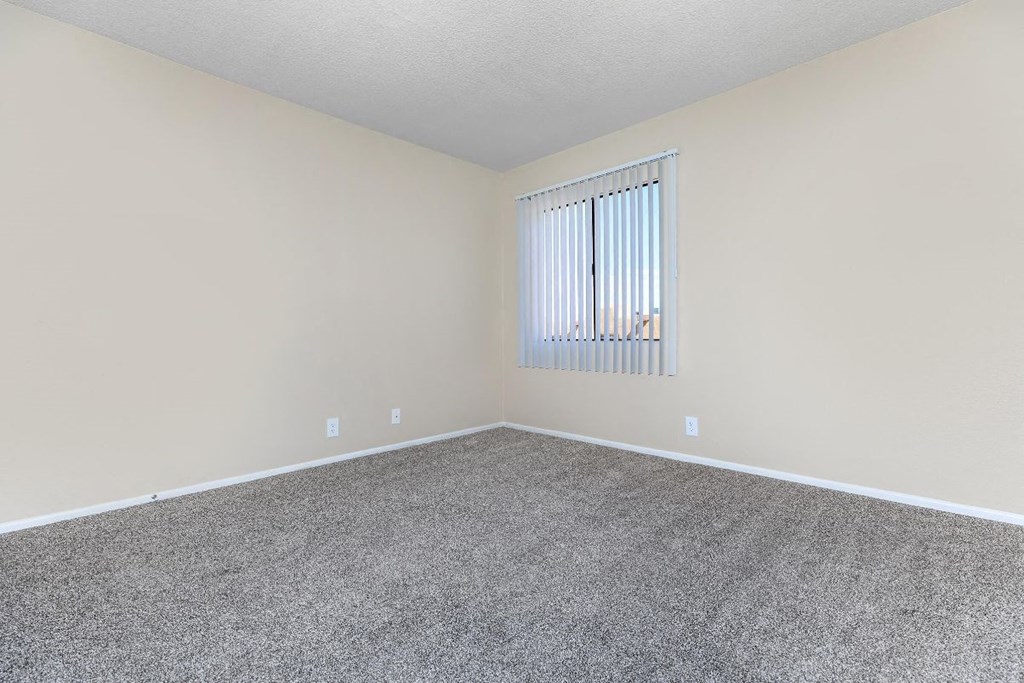 A room with a carpeted floor and a window with blinds.