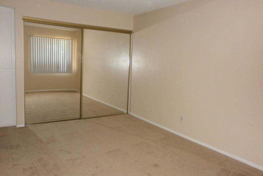 an empty living room with a mirrored closet