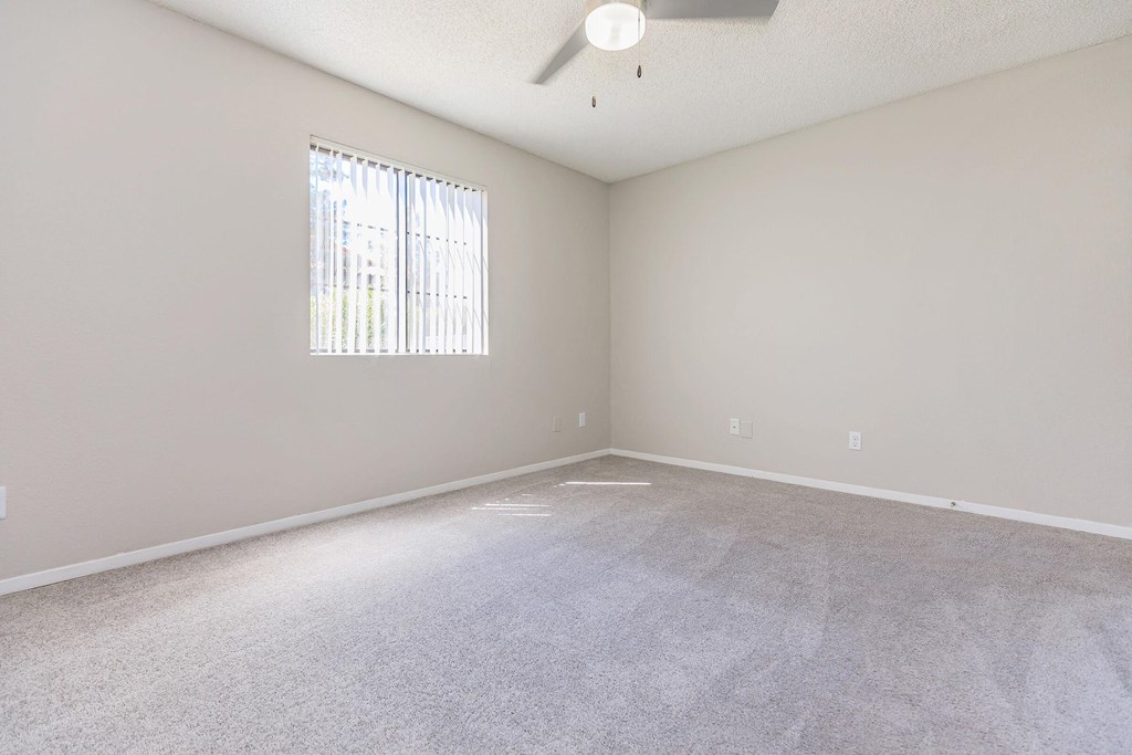 an empty living room with a window and carpet