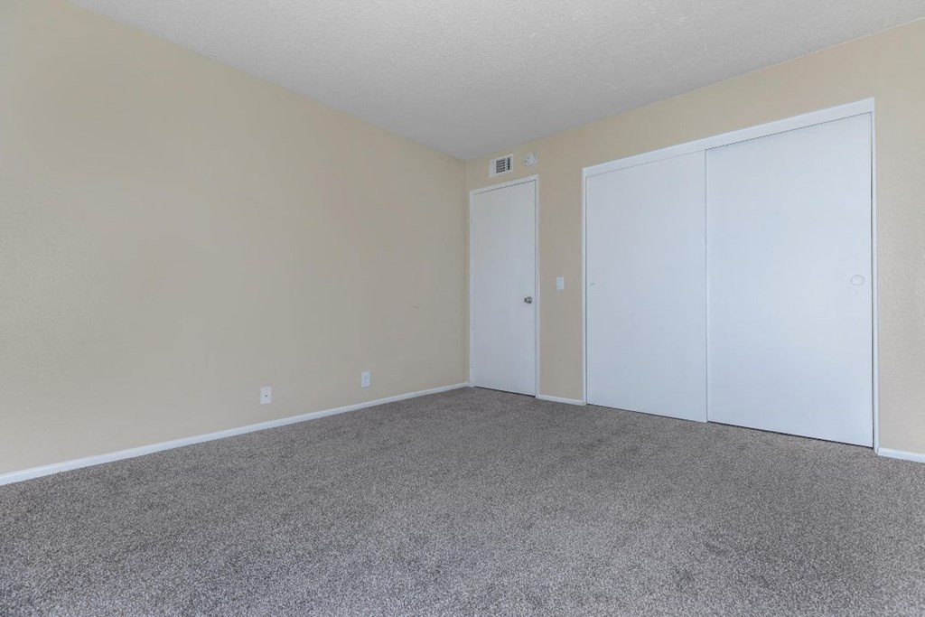 A room with a carpeted floor and two white doors.
