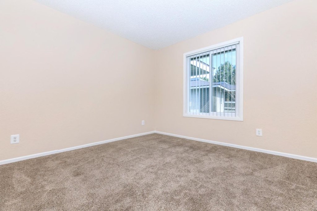an empty room with carpet and a window