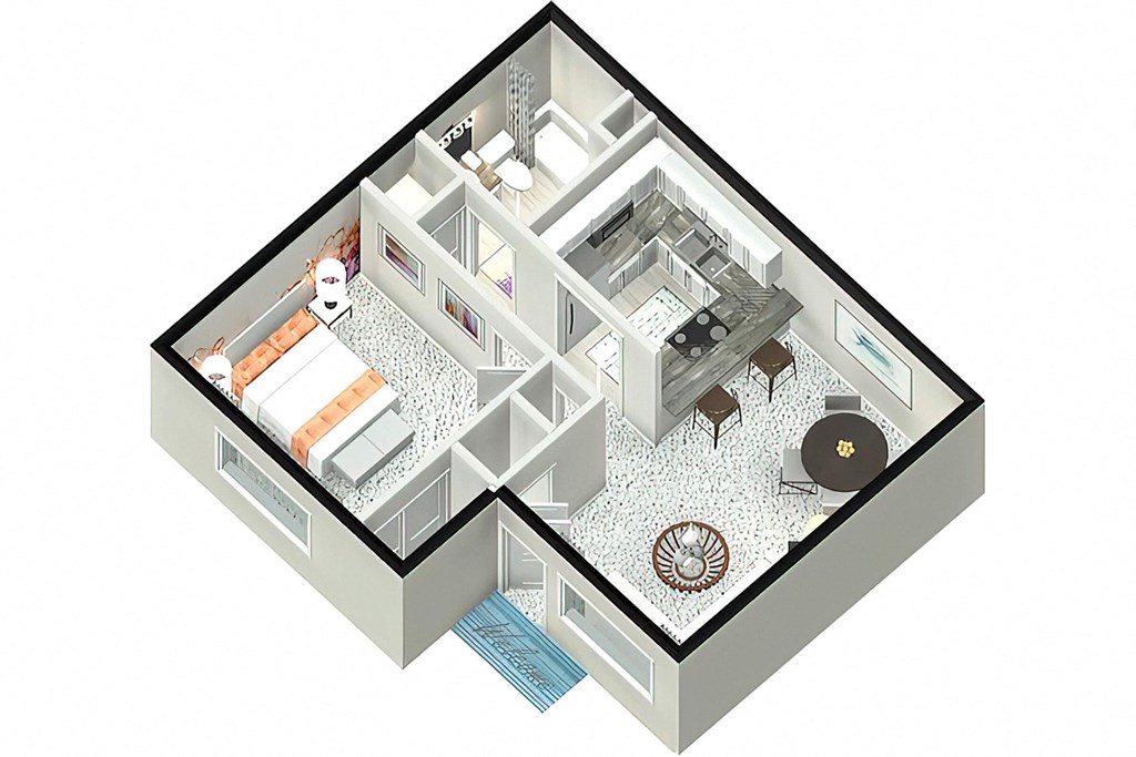 isometric view of a house with a floor plan and a living room