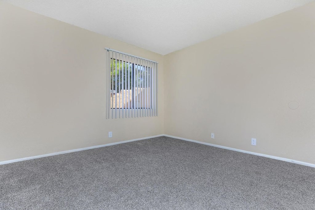 A room with a carpeted floor and a window with blinds.