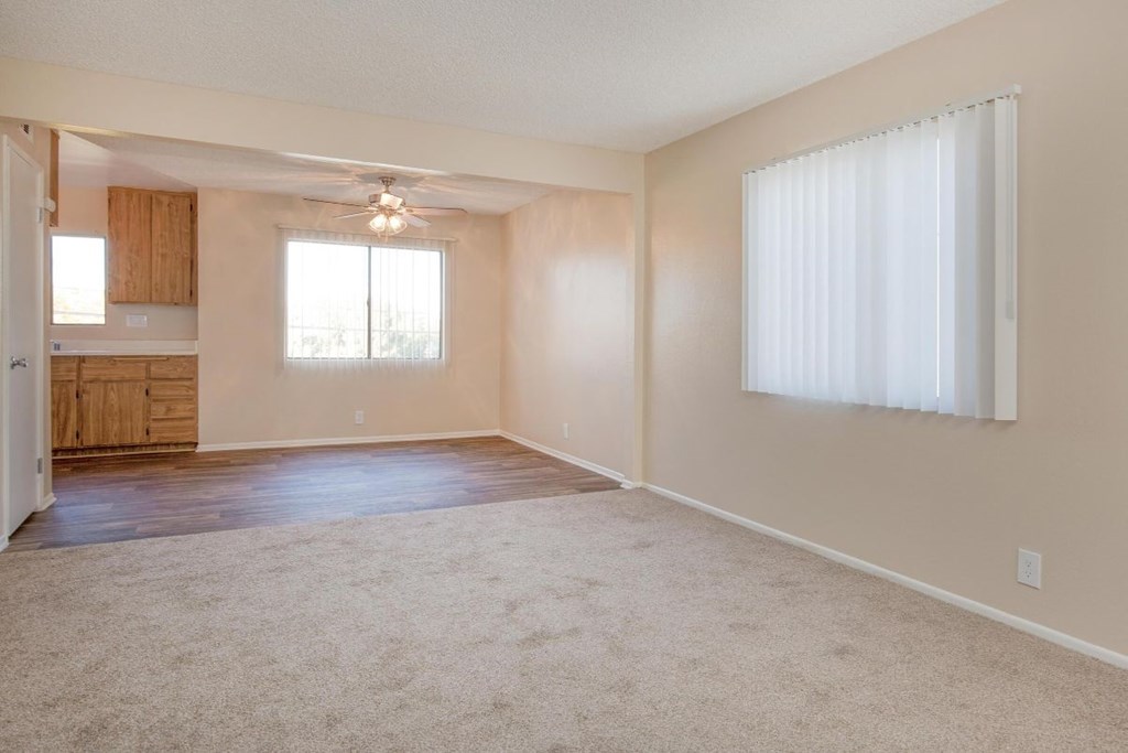 A spacious living room with a carpeted floor and a window with white curtains.