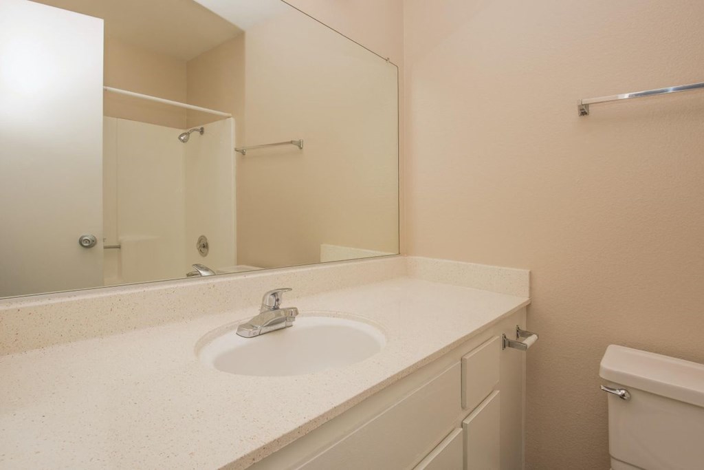 A bathroom with a sink, mirror, and toilet.
