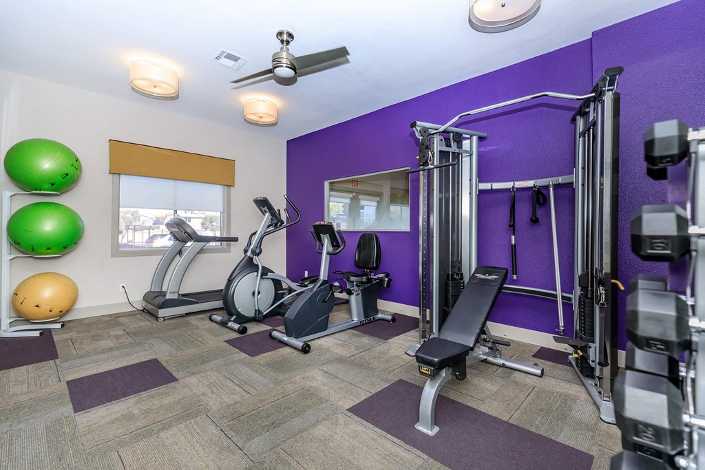 a gym with weights and equipment in a home for sale
