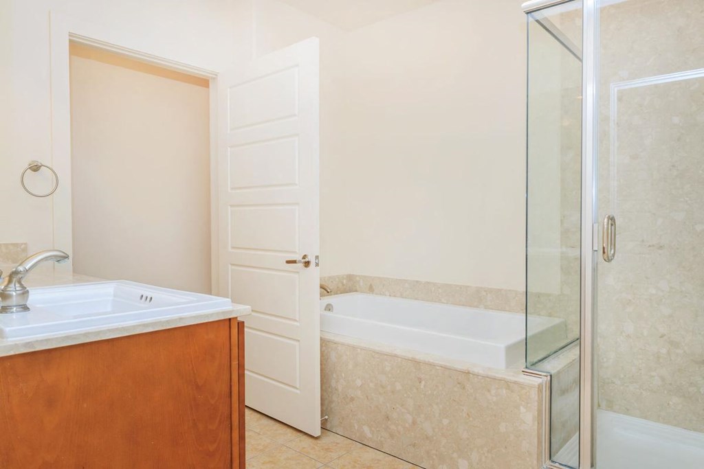 a bathroom with a tub and a sink and a shower