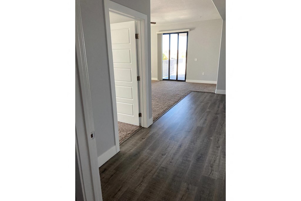 the view from the living room into the bedroom with the door open