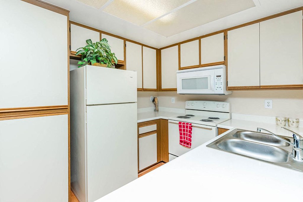 a kitchen with a sink and a refrigerator