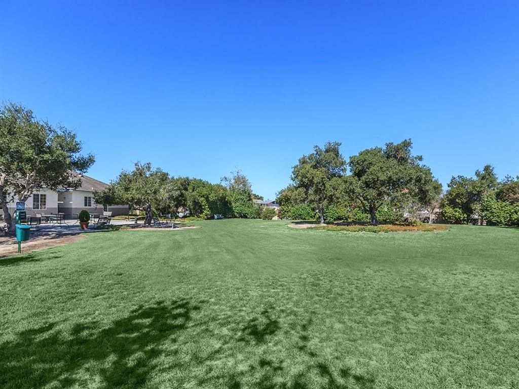 a large grass field with trees and houses in the background