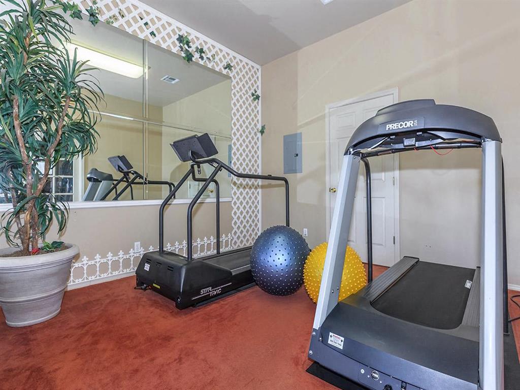 a home gym with treadmills and a large mirror