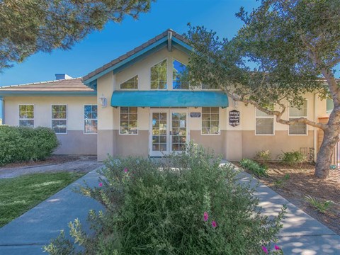 a house with a sidewalk and trees in front of it