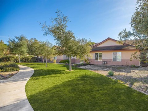 a pink house with trees and a sidewalk