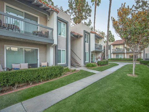 our apartments have a spacious courtyard with grass and trees