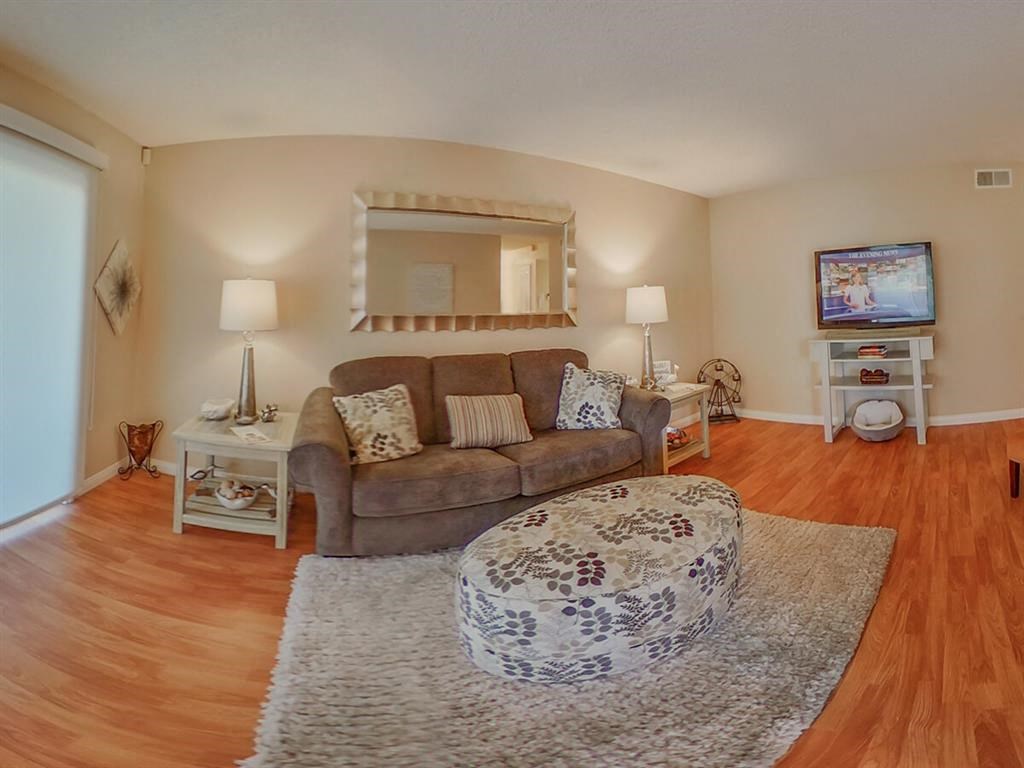 a living room with a couch and a rug