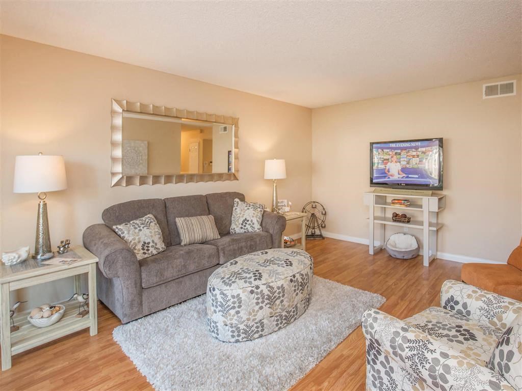 a living room with a couch and a tv