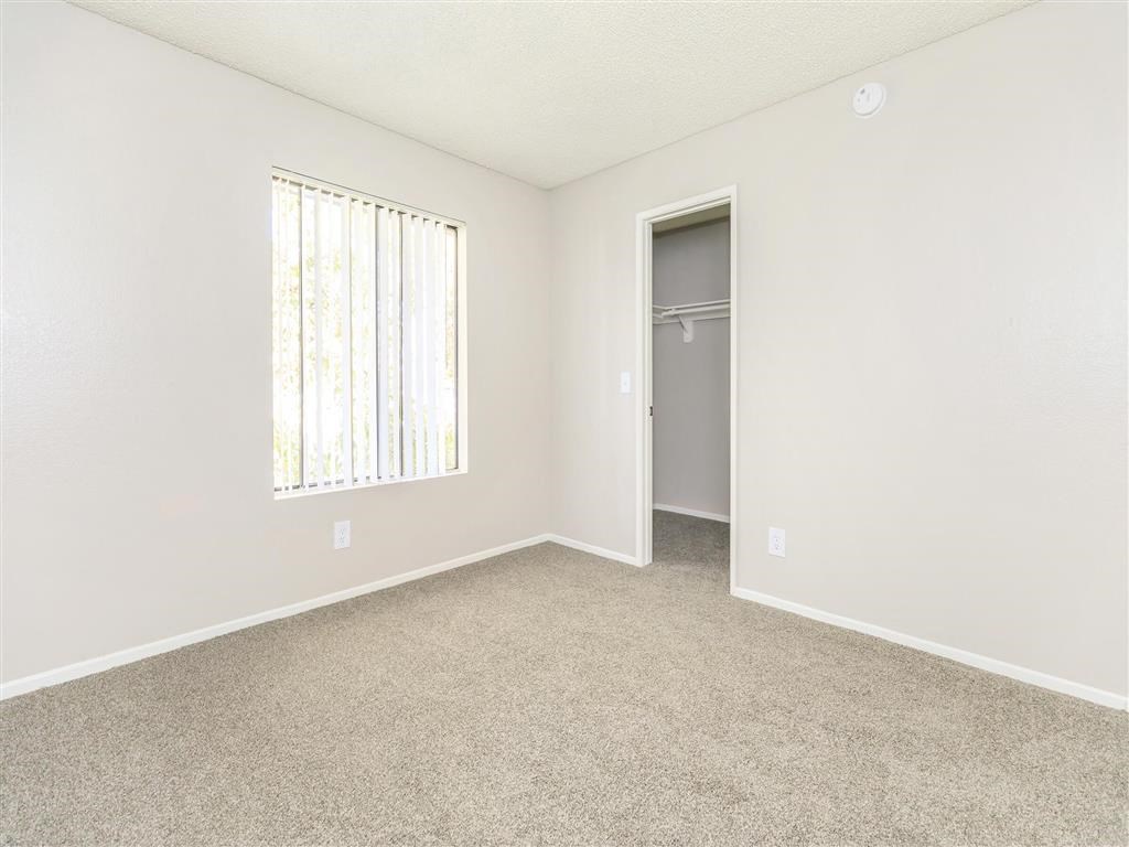an empty room with carpet and a door to a closet