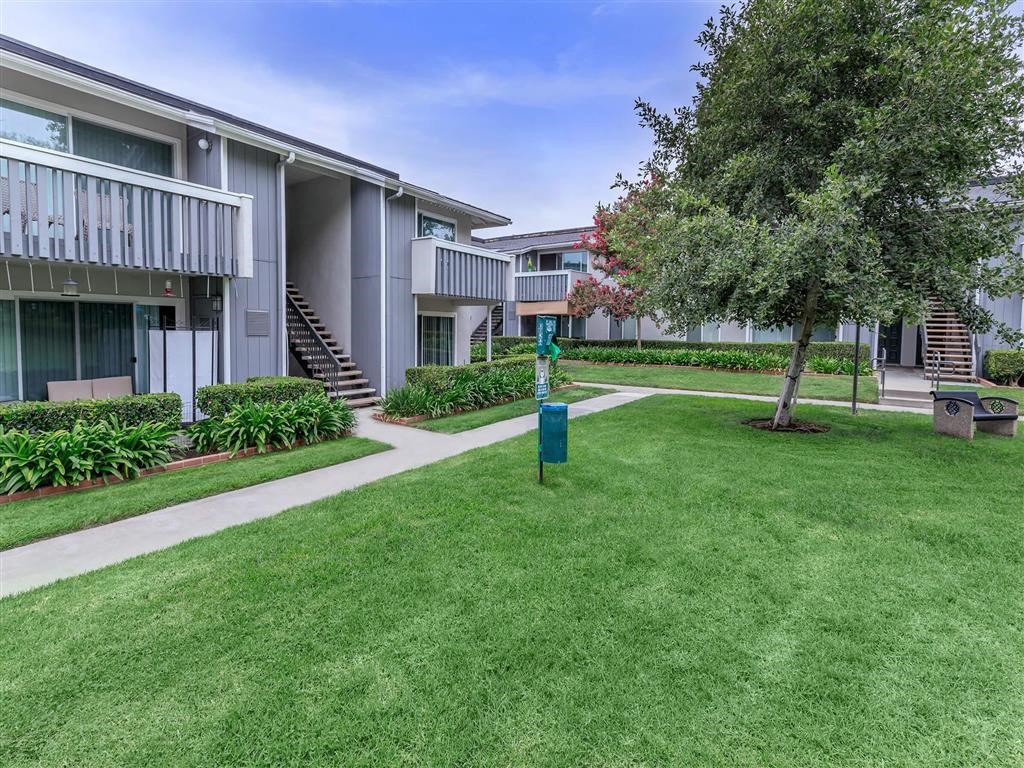 our apartments have a spacious courtyard with grass and trees