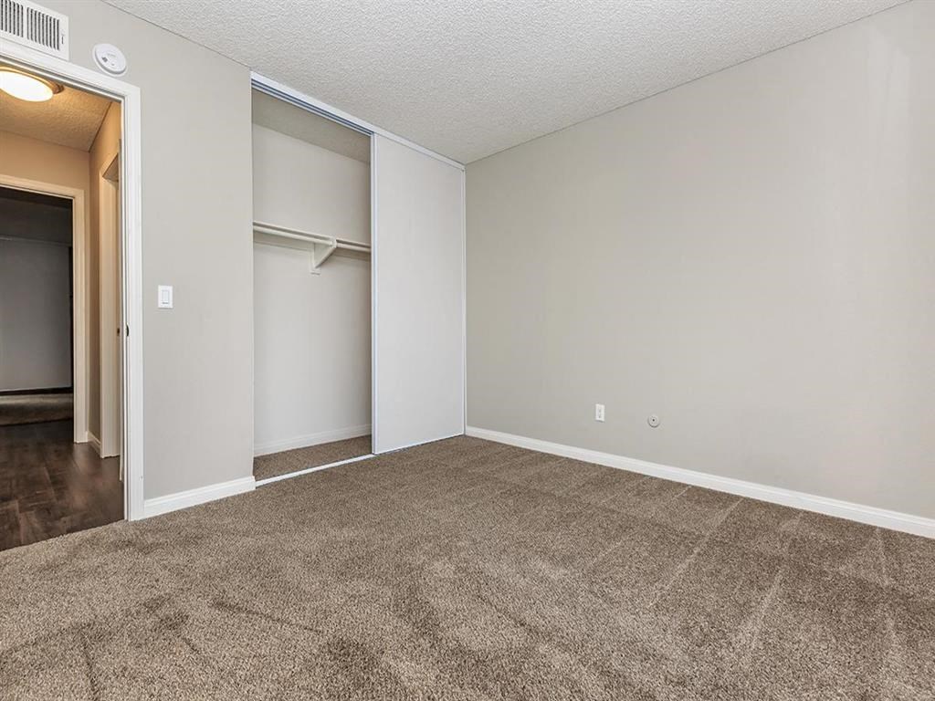 an empty living room with carpet and a closet