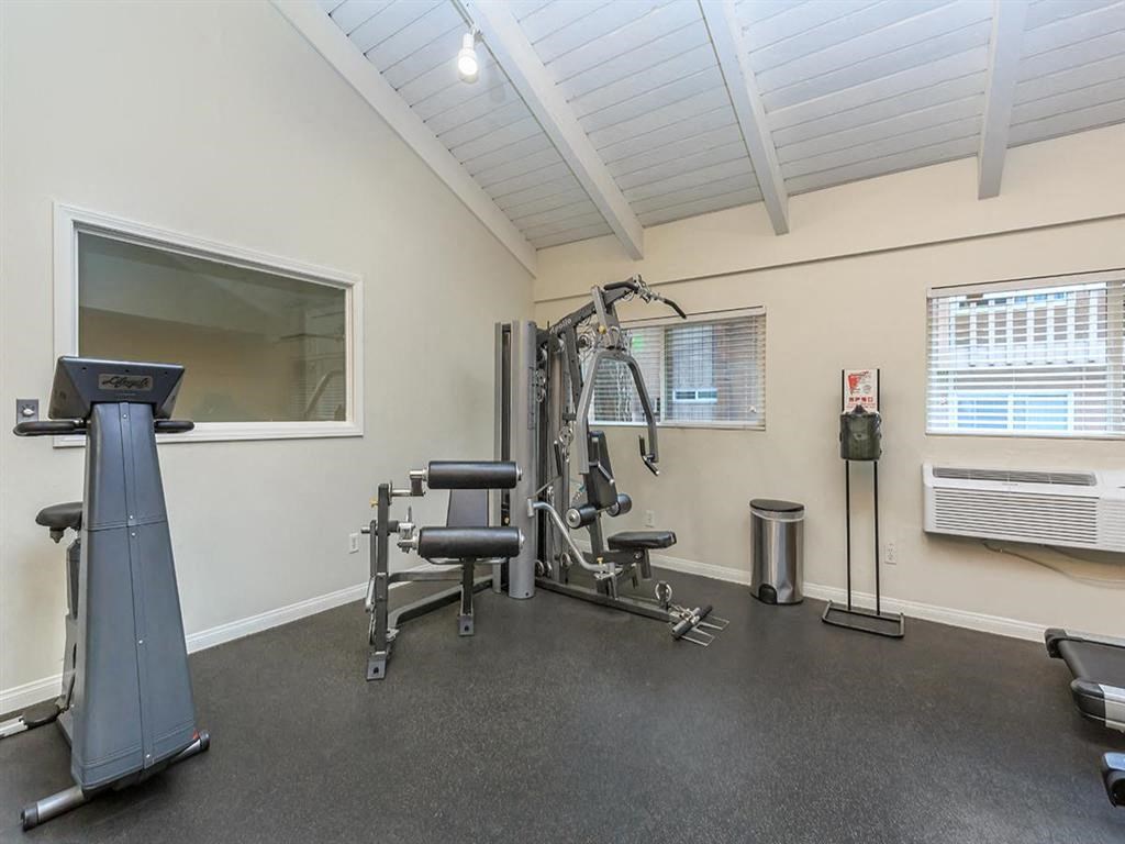 the gym has plenty of exercise equipment and a window